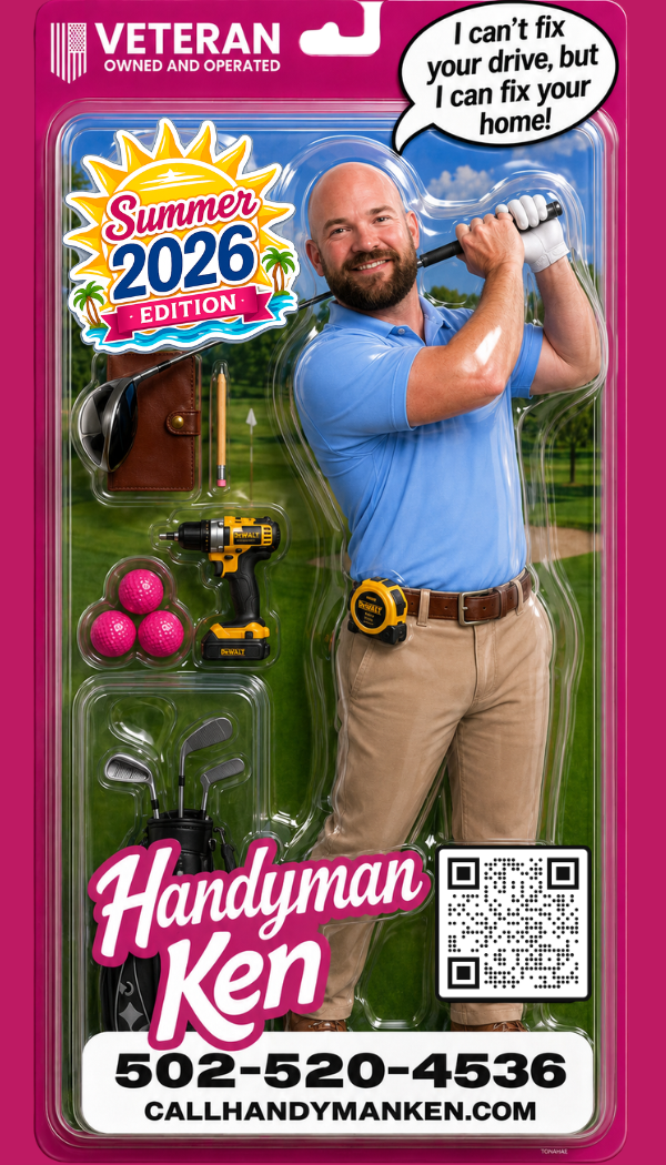 Handyman Ken Summer 2026 Edition action-figure packaging — veteran-owned Louisville handyman at the golf course